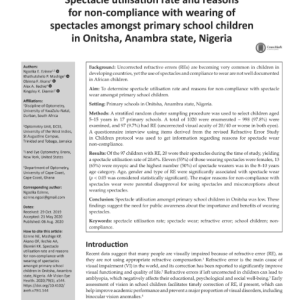 Spectacle utilisation rate and reasons for non-compliance with wearing of spectacles amongst primary school children in Onitsha, Anambra state, Nigeria